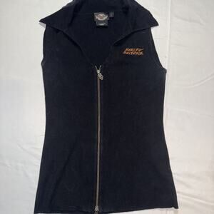 Harley Davidson Vest Womens SZ Large Full Zip Sweater Black, Orange Spell Out